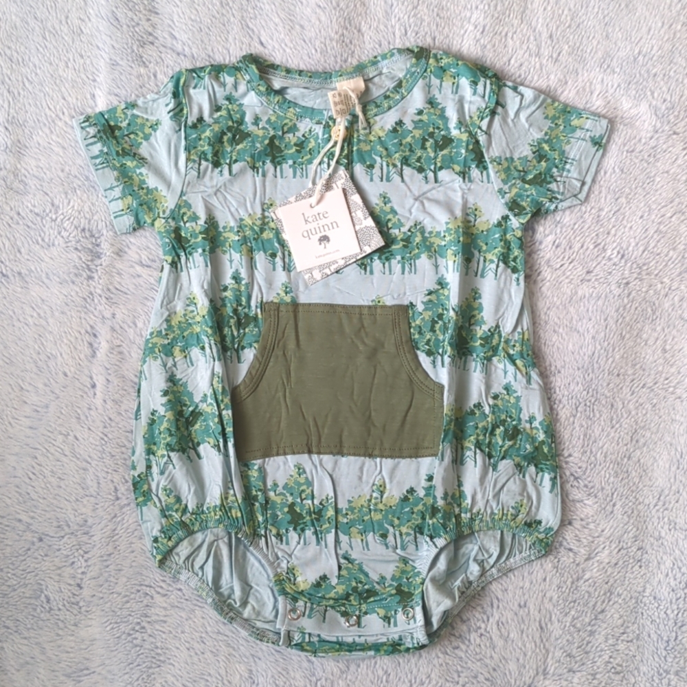 NWT 12-18M Kate Quinn Organics Short Sleeve Kanga Bubble Romper Pine Bamboo Tree